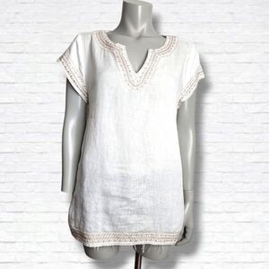 Saint Tropez West Gold Embroidered White Linen Short Sleeve Tunic Size L